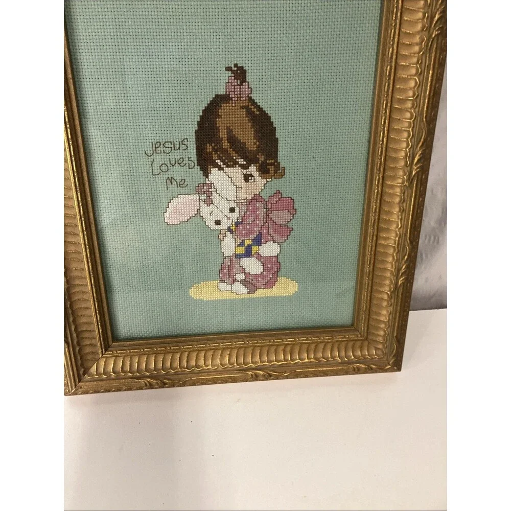 Jesus Loves Me Cross Stitch Hanging Wall Decor 12 1/2”x 10 1/2” Frame